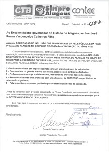 Documento encaminhado pelo Sinpro ao governador Renan Filho